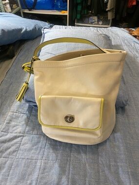 Cream with Citrine Trim Coach Legacy Archival Leather Bucket Bag with Finge